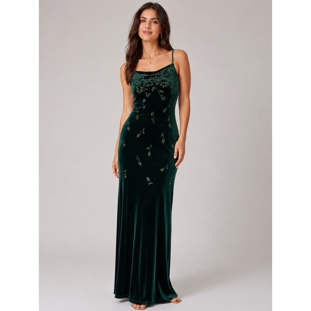 Vintage 90s Status Collection Green Velvet Burnout Floral Maxi Prom Dress S